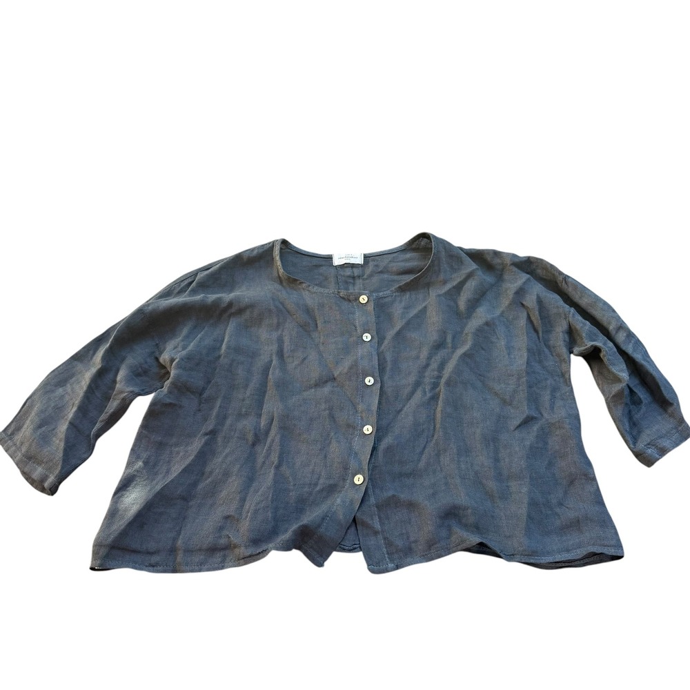 Nina Kendosa Paris 100% Linen Boxy Button Down Top Charcoal Gray 3/4 Sleeve XL